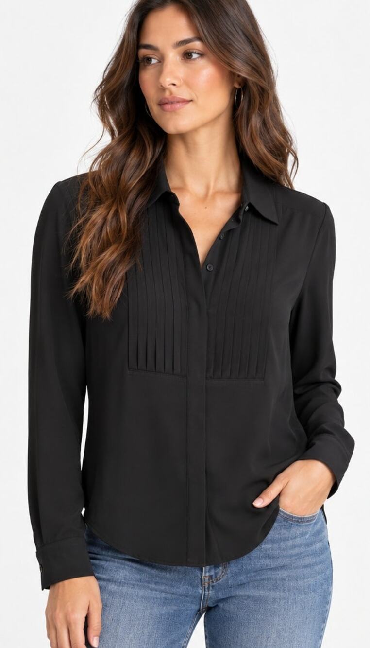 J.Crew Black Pleated Tuxedo Long Sleeve Hidden Button Front Blouse Size 8